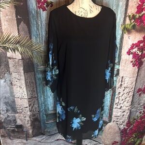 Grace Karin Chiffon Split Sheer Sleeve Black w/ blue flowers dress, size XL, GUC
